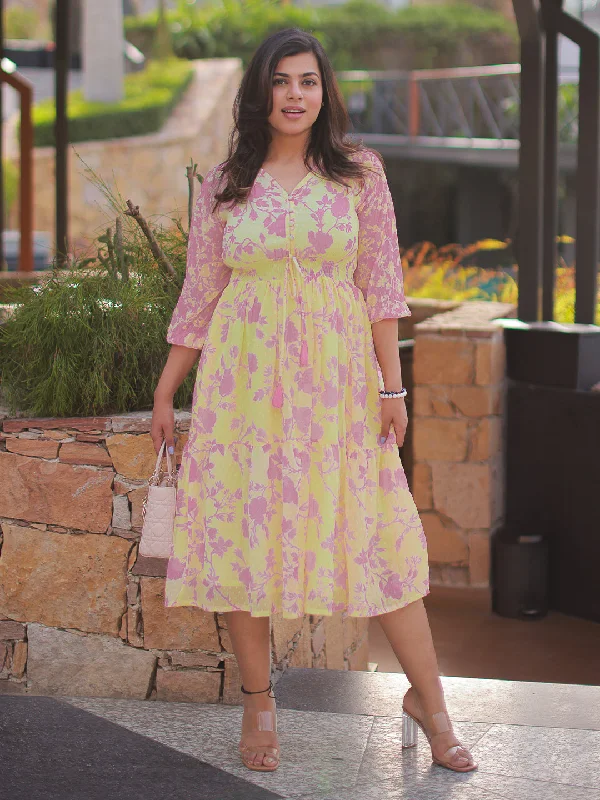 Flowy pleated mini dress-Light Yellow Dobby Georgette Floral Fit & Flare Dress