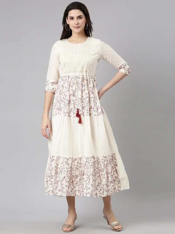 Mini dress with high-low hem-Neerus Cream Flounce Casual Floral Fit and Flare Dresses