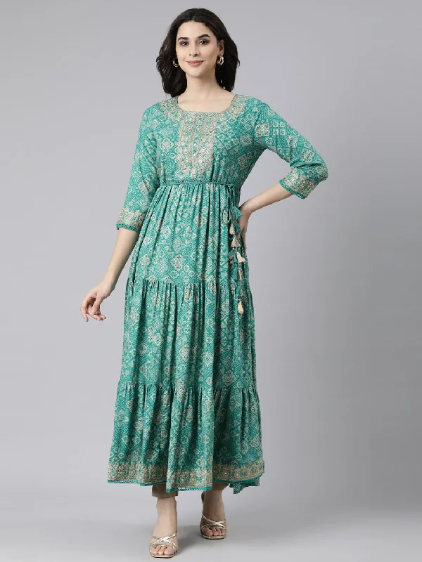 Mini dress with bardot sleeves-Neerus Green Flared Casual Floral Fit and Flare Dresses