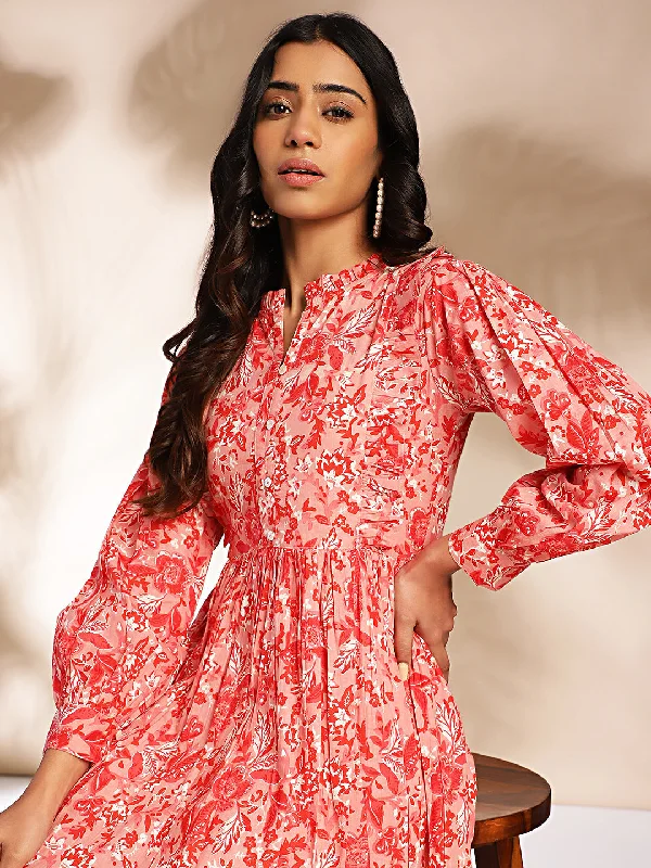 Light chiffon mini dress-Pink Cotton Floral Fit & Flare Dress