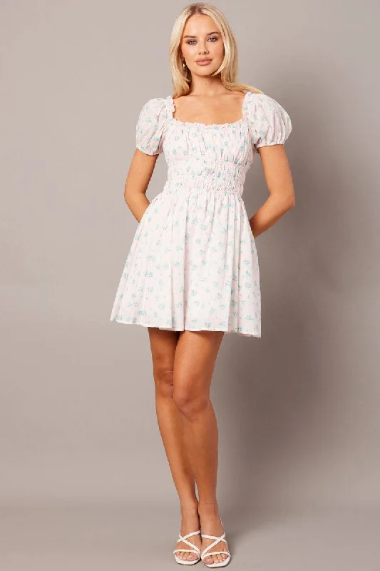 Party-ready mini dress-Pink Ditsy Fit And Flare Dress Puff Sleeve