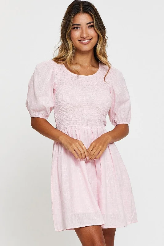 Mini dress with crochet lace-Pink Fit And Flare Dress Short Sleeve Round Neck