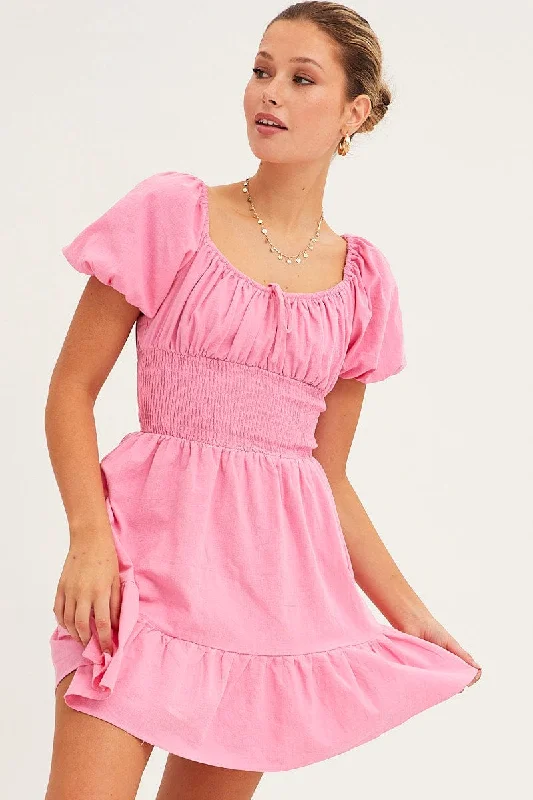 Mini dress with lace trim-Pink Fit And Flare Dress Short Sleeve Round Neck