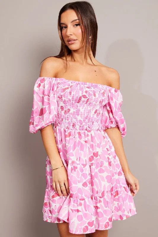 Sexy mini dress for night out-Pink Floral Fit And Flare Dress Puff Sleeve