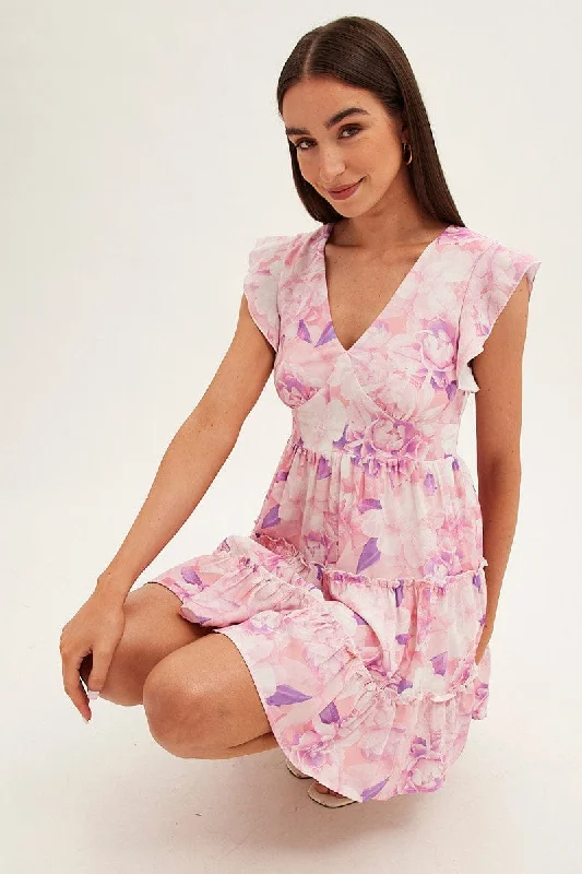 Flirty mini dress with cutouts-Pink Floral Fit And Flare Dress Sleeveless V-Neck