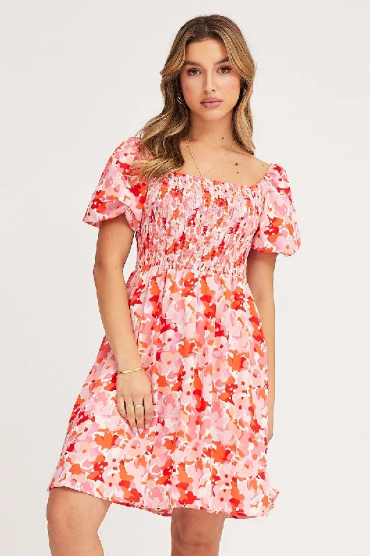 Cowl neck mini dress-Print Fit And Flare Dress Short Sleeve Square Neck