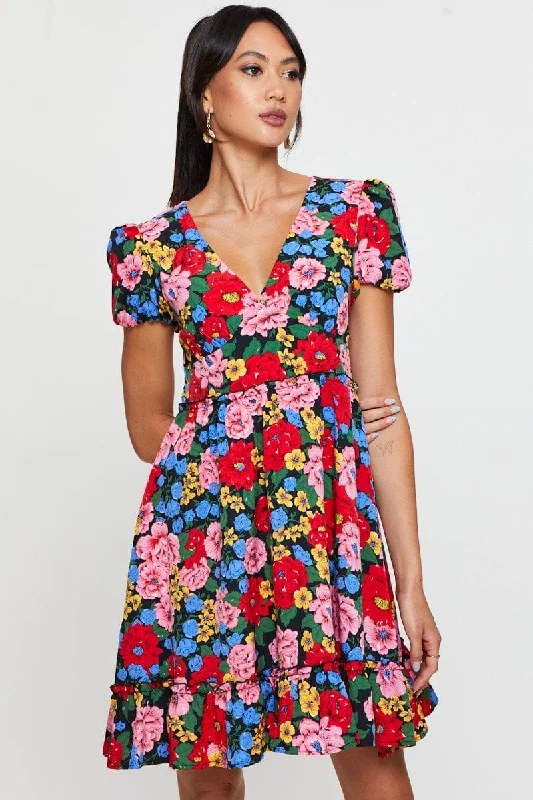 Mini dress with sheer overlay-Print Fit And Flare Dress Short Sleeve V Neck