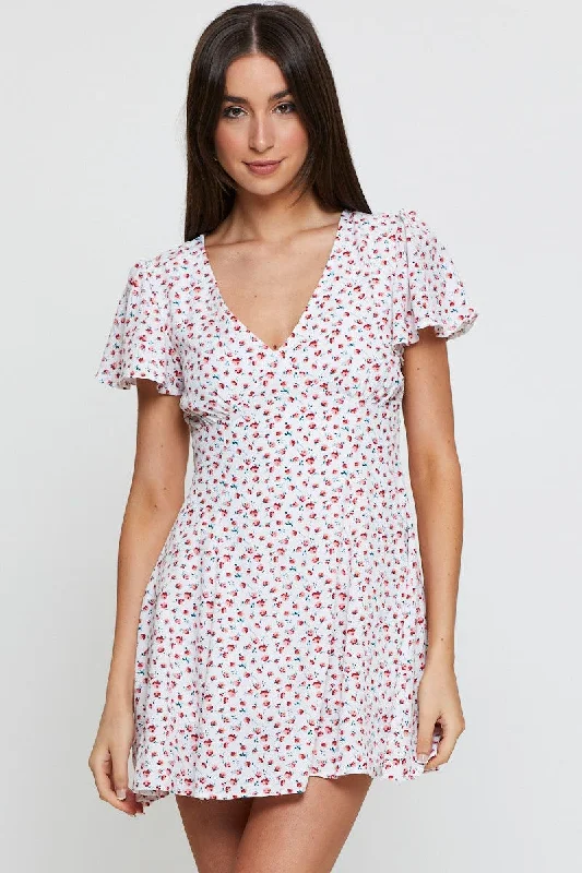 Mini dress with empire waist-Print Fit And Flare Dress Short Sleeve V Neck