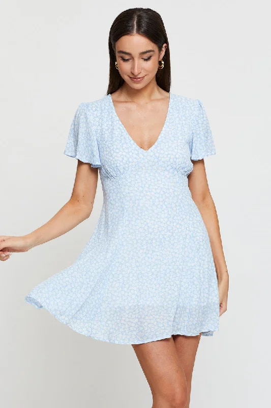 Mini dress with crochet lace-Print Fit And Flare Dress Short Sleeve V Neck