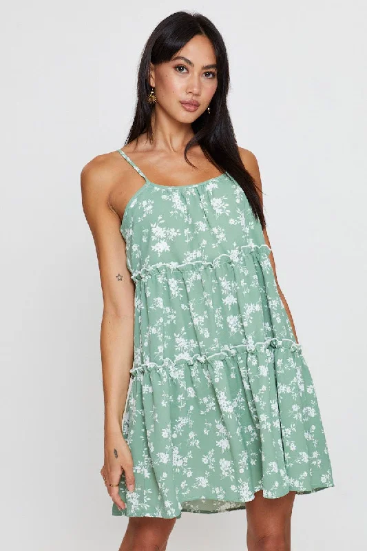 Mini dress with side slit-Print Fit And Flare Dress Sleeveless Tie Shoulder