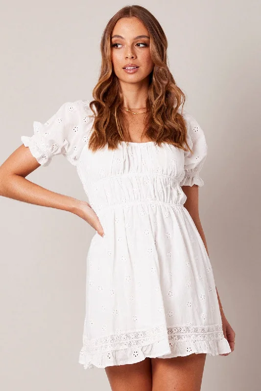 Statement mini dress with feathers-White Fit And Flare Dress Puff Sleeve