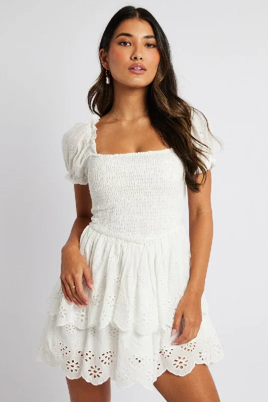 Mini dress with high-low hem-White Fit and Flare Dress Short Sleeve Embroidered