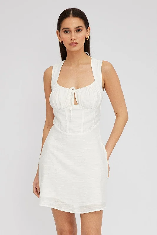 Ethereal bohemian mini dress-White Fit and Flare Dress Sleeveless Corset