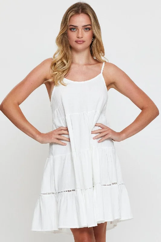 Spaghetti strap mini dress-White Fit And Flare Dress Sleeveless Scoop Neck