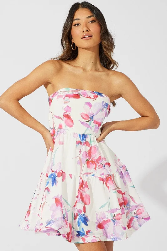 Mini dress with keyhole neckline-White Floral Fit and Flare Dress Boob Tube