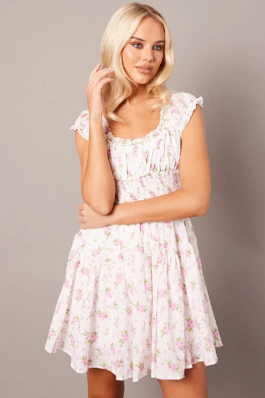 Mini dress with sweetheart neckline-White Floral Fit And Flare Dress Puff Sleeve