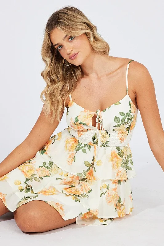 Elegant long-sleeve mini dress-Yellow Floral Fit and Flare Dress Sleeveless Ruffle